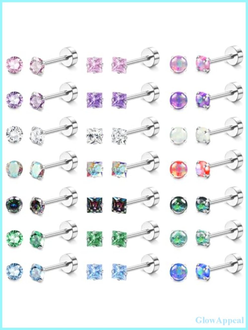 21 Pairs Hypoallergenic Surgical Steel Flat Back Stud Earrings Set
